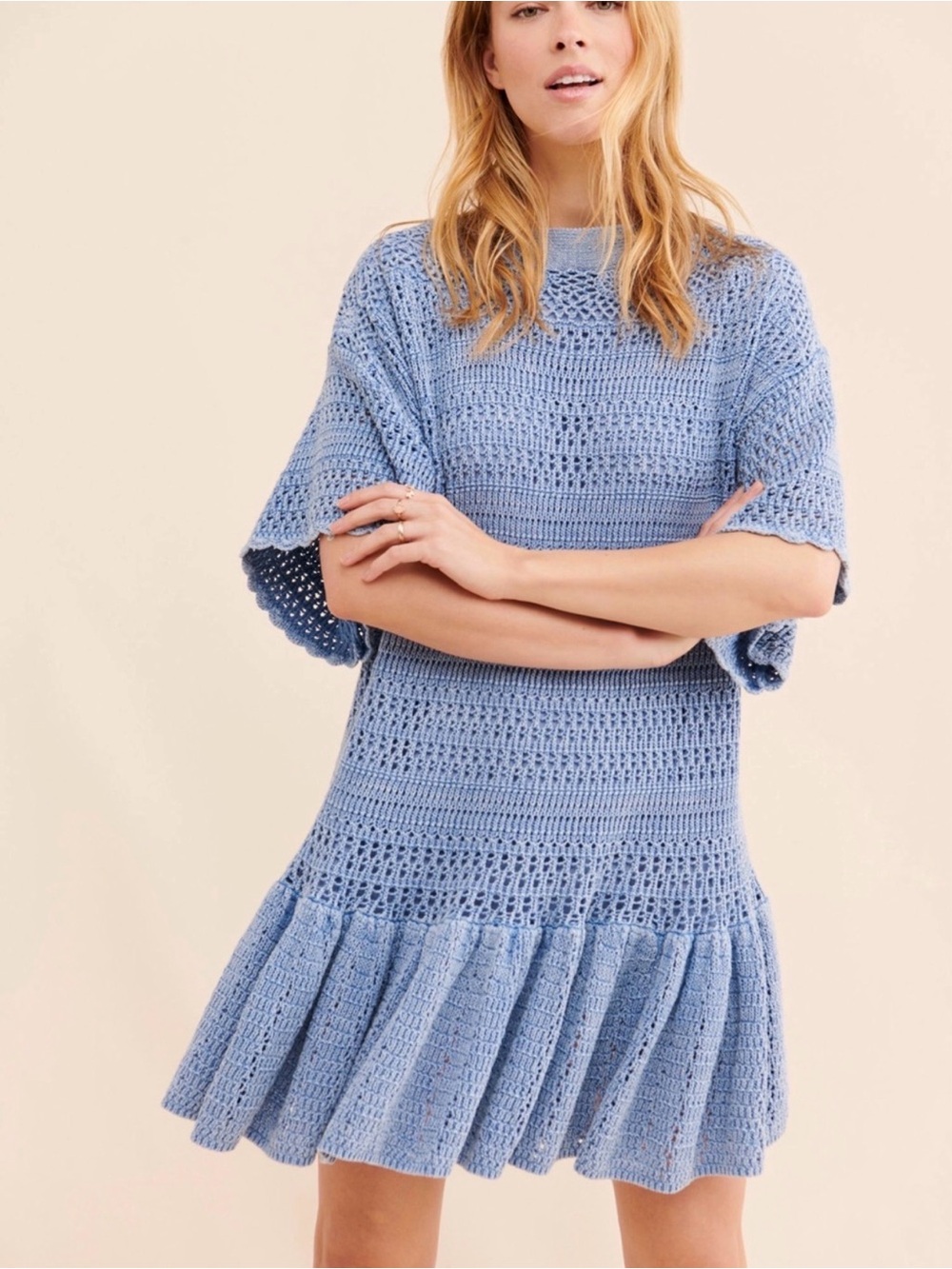 Light Blue Crochet Knit Ruffled Hem Dress
